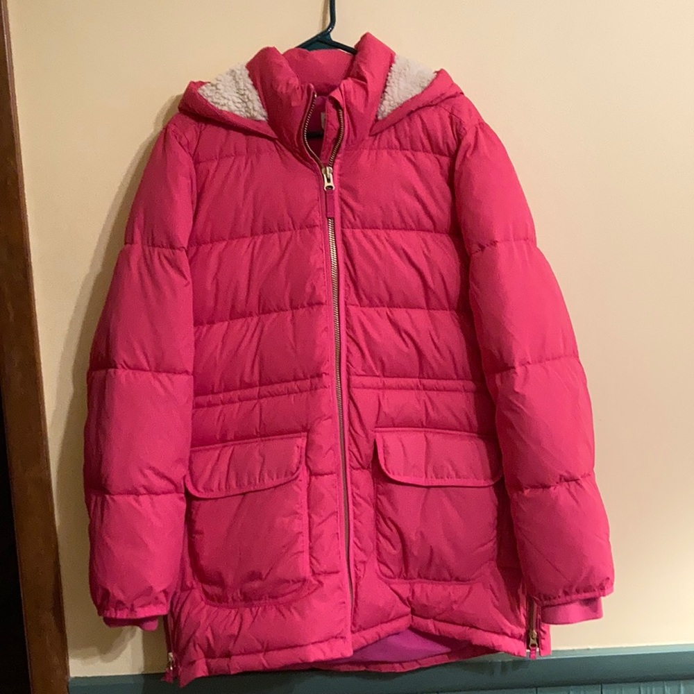 J. Crew L Parka with Hood. Shearling Lined in Hood Only. Bright Pink.